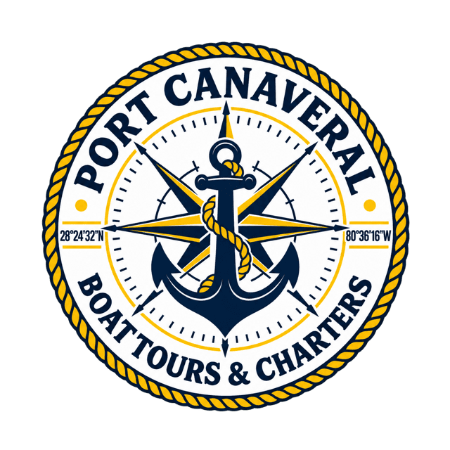 Port Canaveral Boat Tours & Charters logo with a navy anchor and gold compass rose
